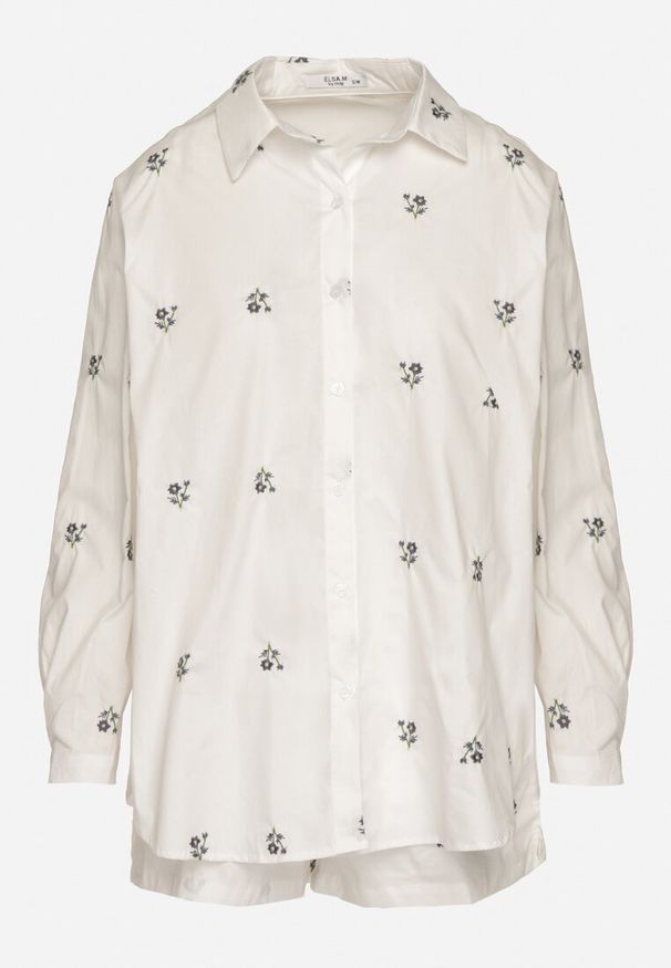 Born2be - Biały Komplet z Wiskozy i Bawełny w Drobne Kwiaty Koszula i Szorty Olineth. Kolor: biały. Materiał: bawełna, wiskoza. Wzór: kwiaty