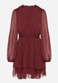 Born2be - Bordowa Rozkloszowana Sukienka Siateczkowa z Bufiastymi Rękawami Isovana. Okazja: na co dzień. Kolor: czerwony. Styl: casual, elegancki #4