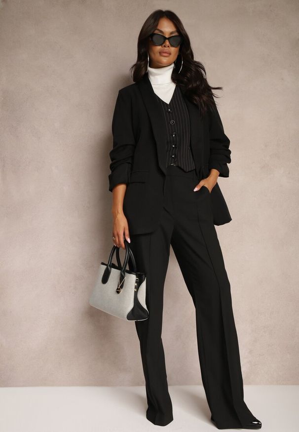 Renee - Czarne Spodnie Garniturowe z Wiskozą High Waist o Szerokim Kroju Ceanita. Okazja: na co dzień, na spotkanie biznesowe. Stan: podwyższony. Kolor: czarny. Materiał: wiskoza. Styl: casual, biznesowy