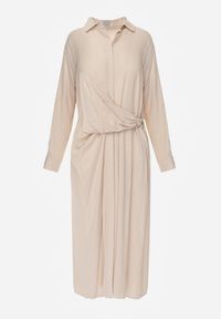 Renee - Beżowa Koszulowa Sukienka z Wiskozy z Asymetrycznym Drapowaniem i Guzikiem Hetasa. Okazja: na co dzień. Kolor: beżowy. Materiał: wiskoza. Długość rękawa: długi rękaw. Typ sukienki: asymetryczne, koszulowe. Styl: casual, elegancki #3