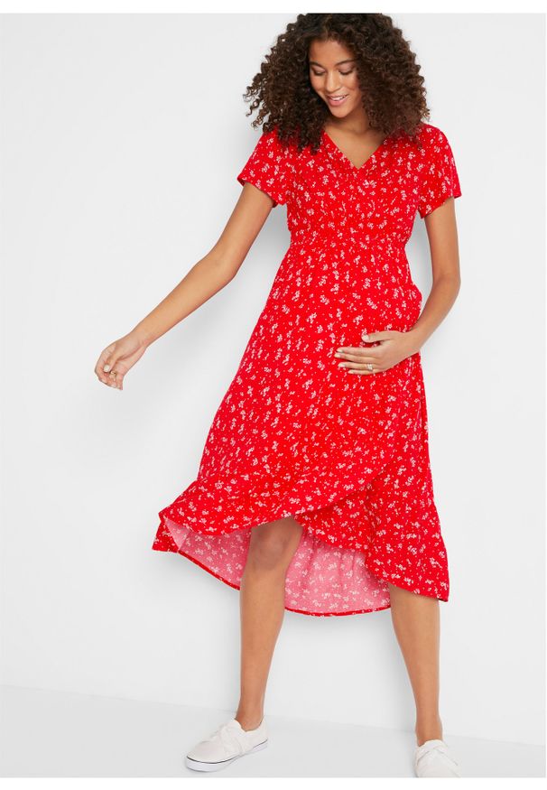bonprix - Sukienka ciążowa z wiskozy. Kolekcja: moda ciążowa. Kolor: czerwony. Materiał: wiskoza. Typ sukienki: kopertowe