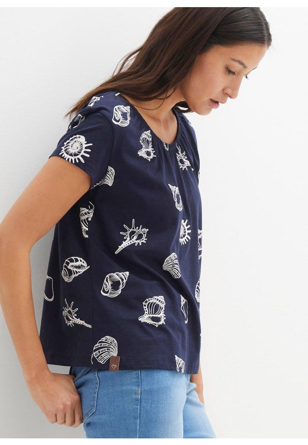 bonprix - "Shirt z dekoltem ""carmen"" i nadrukiem, z bawełny organicznej". Typ kołnierza: typu carmen. Kolor: niebieski. Materiał: bawełna. Wzór: nadruk