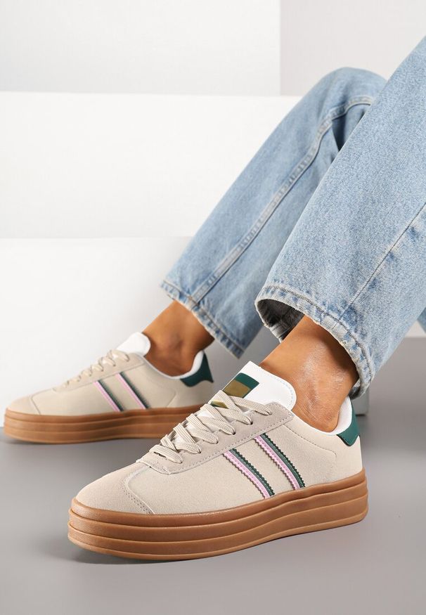 Born2be - Beżowo-Zielone Sneakersy na Platformie z Minimalistycznymi Przeszyciami Teritha. Okazja: na spacer. Kolor: beżowy. Materiał: jeans. Obcas: na platformie. Sport: turystyka piesza, fitness
