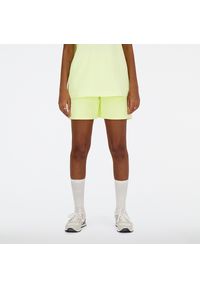 Spodenki damskie New Balance WS41508LLT – zielone. Stan: podwyższony. Kolor: zielony. Materiał: dresówka, bawełna. Długość: krótkie. Wzór: ze splotem #1