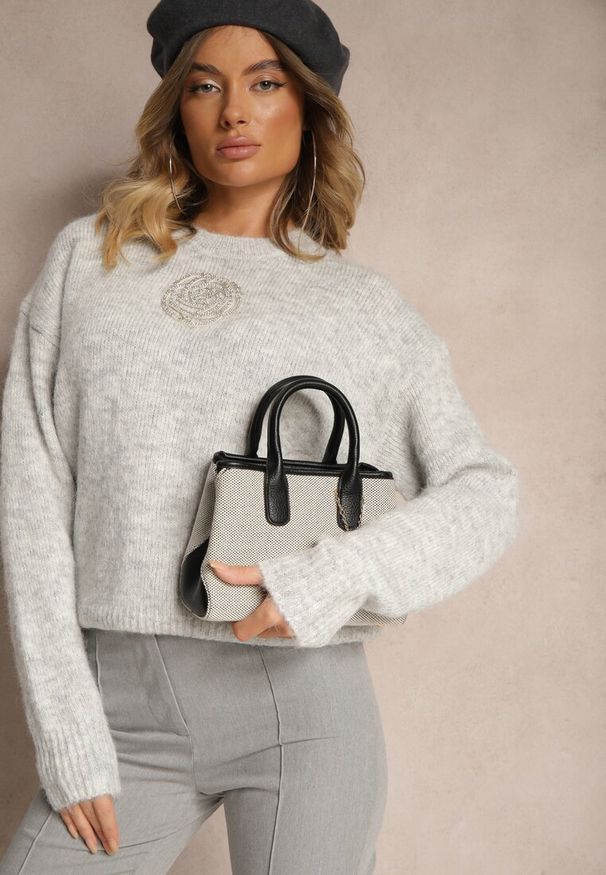 Renee - Szary Sweter z Wełną z Ozdobnymi Cyrkoniami Nomila. Okazja: na co dzień. Kolor: szary. Materiał: wełna. Wzór: kwiaty. Styl: glamour, casual, elegancki