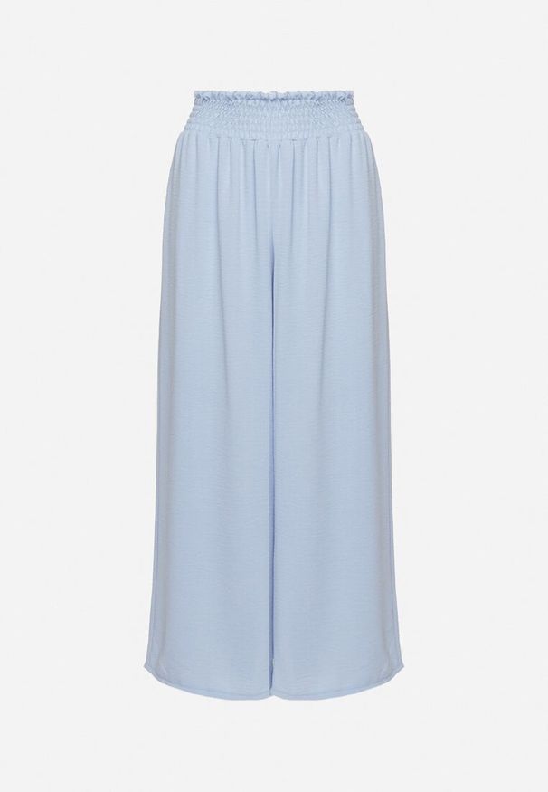 Born2be - Jasnoniebieskie Szerokie Spodnie z Wysokim Stanem Wykończone Gumką w Pasie Risinassa. Okazja: na spotkanie biznesowe. Stan: podwyższony. Kolor: niebieski. Styl: biznesowy