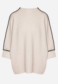 Born2be - Beżowy Sweter z Kontrastową Lamówką Tuselle. Okazja: do pracy, na spotkanie biznesowe. Kolor: beżowy. Materiał: jeans. Styl: biznesowy #2