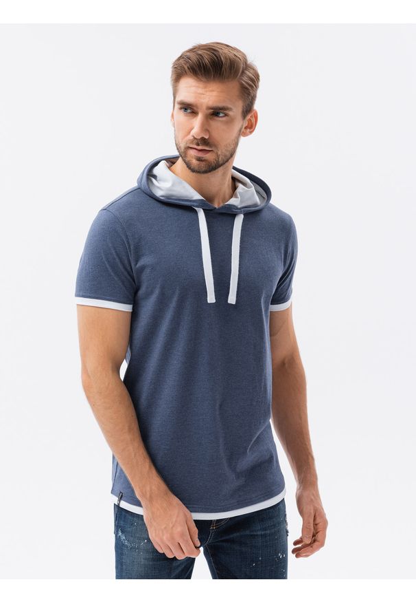 Niebieski t-shirt Ombre Clothing melanż, z kapturem