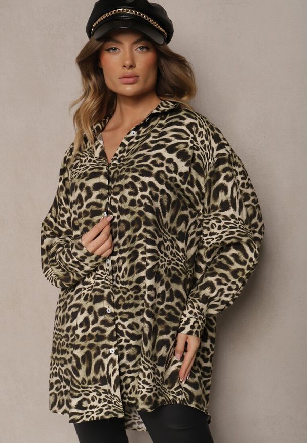 Renee - Ciemnobeżowa Koszula Oversize z Wiskozy z Lnem Sanalinae. Okazja: na co dzień. Kolor: beżowy. Materiał: len, wiskoza. Długość rękawa: długi rękaw. Długość: długie. Styl: elegancki, casual