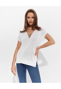 PESERICO - Biały sweter z aplikacją. Okazja: na co dzień. Kolor: biały. Materiał: bawełna, len. Wzór: aplikacja. Styl: casual