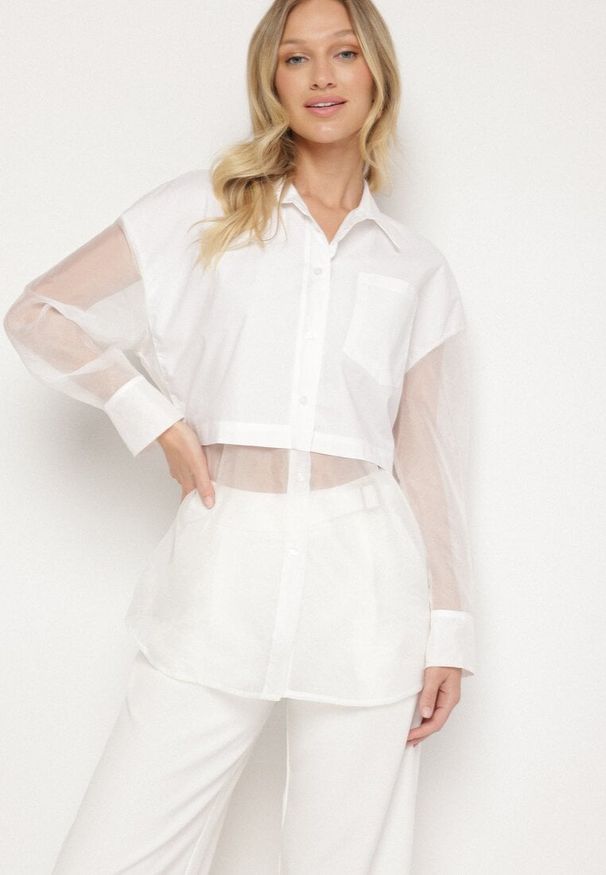 Born2be - Biała Koszula z Transparentnymi Rękawami Silomea. Okazja: na co dzień. Kolor: biały. Materiał: jeans. Wzór: aplikacja. Styl: casual