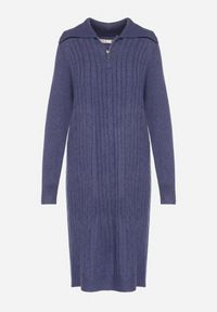 Born2be - Niebieska Sweterkowa Sukienka Pudełkowa z Bawełną i Wełną Ozdobiona Suwakiem Reimia. Okazja: na co dzień. Kolor: niebieski. Materiał: wełna, bawełna. Wzór: aplikacja. Styl: klasyczny, casual #2