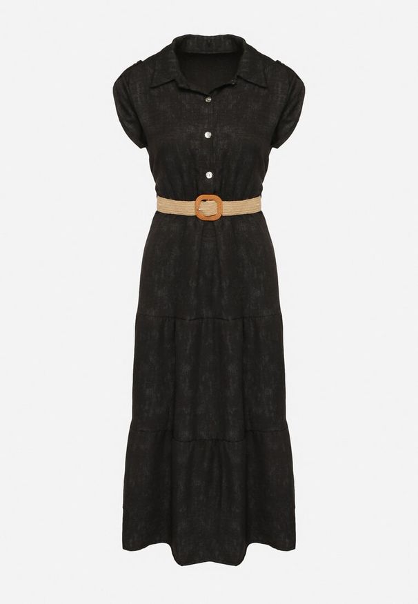 Born2be - Czarna Sukienka Ozdobiona Plecionym Paskiem i Guzikami Filianea. Okazja: na co dzień. Kolor: czarny. Materiał: jeans. Wzór: aplikacja. Styl: elegancki, casual