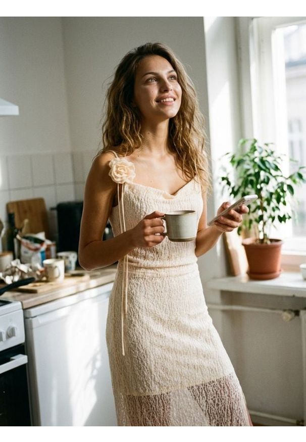 Sinsay - Sukienka midi na ramiączkach z elementem 3D w kształcie róży - kremowy. Kolor: kremowy. Długość rękawa: na ramiączkach. Długość: midi