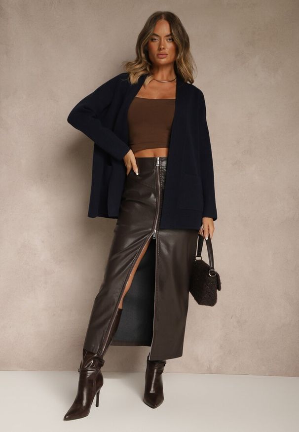 Renee - Granatowy Kardigan z Kaszmirem o Prostym Kroju Bez Zapięć z Kieszeniami Zaisa. Kolor: niebieski. Materiał: kaszmir. Styl: elegancki