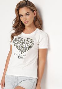 Born2be - Biały Bawełniany T-shirt Koszulka z Krótkim Rękawem i Nadrukiem z Cyrkoniami Jloella. Okazja: na co dzień. Kolor: biały. Materiał: bawełna. Długość rękawa: krótki rękaw. Długość: krótkie. Wzór: nadruk. Styl: casual, glamour #6