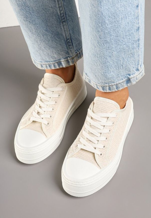 Born2be - Beżowe Trampki na Grubej Podeszwie z Plecioną Cholewką Ronalea. Okazja: na co dzień. Kolor: beżowy. Materiał: jeans. Szerokość cholewki: normalna. Styl: elegancki, casual