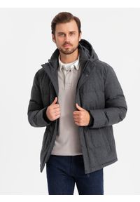 Ombre Clothing - Casualowa męska kurtka puffer z wełną – czarny melanż V2 - Rozmiar: L. Okazja: na co dzień. Typ kołnierza: kołnierzyk stójkowy. Kolor: czarny. Materiał: wełna. Długość: długie. Wzór: melanż. Styl: casual #10