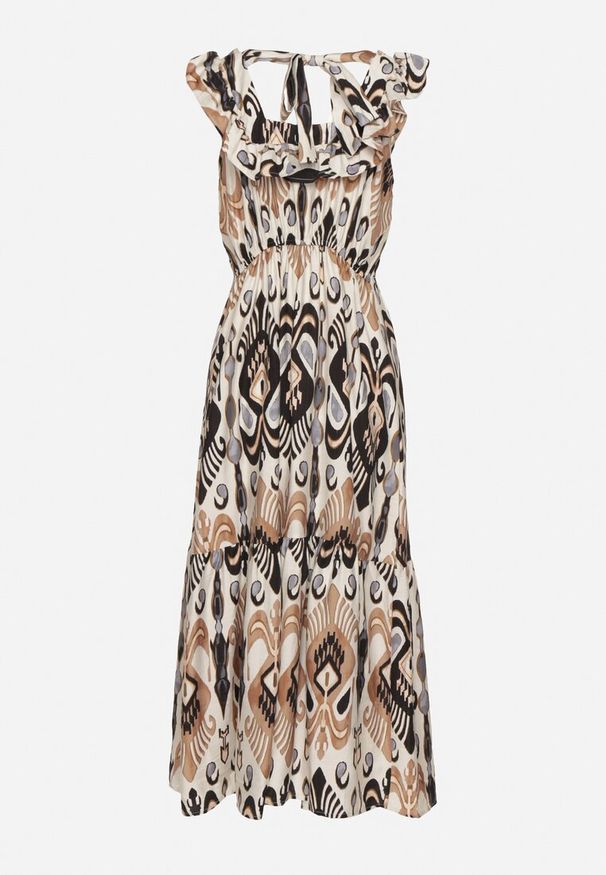 Born2be - Czarna Rozkloszowana Sukienka z Wiskozą Wiązana na Plecach w Print Boho Turielia. Okazja: na spacer. Kolor: czarny. Materiał: wiskoza. Długość rękawa: na ramiączkach. Wzór: nadruk. Sezon: lato. Styl: boho