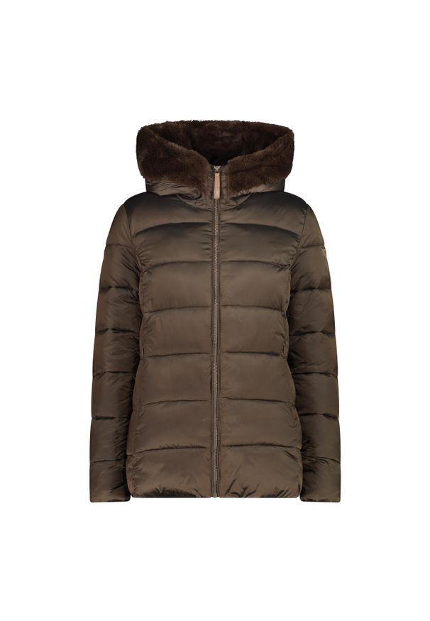 Damska kurtka z kapturem CMP. Typ kołnierza: kaptur. Kolor: brązowy. Materiał: puch. Sport: narciarstwo