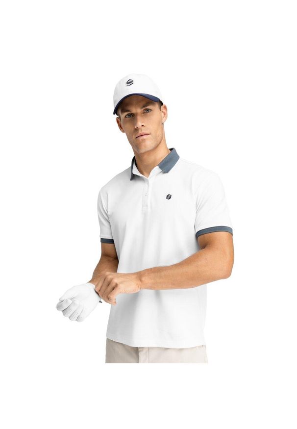 SIROKO - Koszulka polo golf męska Ppique Pinehurst. Typ kołnierza: golf, polo. Kolor: biały. Materiał: tkanina, prążkowany. Długość rękawa: krótki rękaw. Długość: krótkie. Styl: sportowy