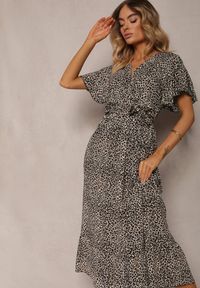 Renee - Beżowo-Czarna Kopertowa Sukienka Bawełniana z Gumką w Talii i Materiałowym Paskiem Teslana. Kolor: beżowy. Materiał: bawełna, materiał. Sezon: lato. Typ sukienki: kopertowe