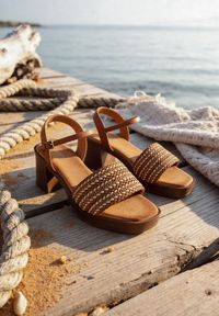 Born2be - Ciemnobeżowe Sandały VICES na Słupku z Imitacji Drewna z Plecioną Cholewką Chenelea. Okazja: na co dzień. Zapięcie: pasek. Kolor: beżowy. Materiał: len. Sezon: lato. Obcas: na słupku. Styl: boho, casual, elegancki #1