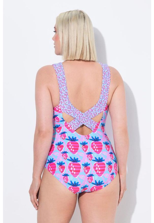 ULLA POPKEN - Damski Strój kąpielowy truskawki miękkie miseczki podszewka na całości. Kolekcja: plus size. Kolor: niebieski. Materiał: elastan, poliamid, materiał