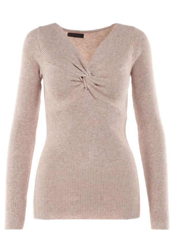 Born2be - Beżowy Sweter Ampippe. Kolor: beżowy. Materiał: dzianina, prążkowany. Długość rękawa: długi rękaw. Długość: długie. Wzór: jednolity, aplikacja