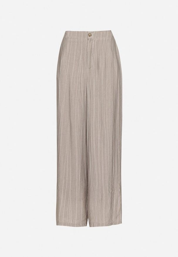 Born2be - Szare Szerokie Spodnie z Wysokim Stanem Natalania. Okazja: na co dzień. Stan: podwyższony. Kolor: szary. Materiał: len. Styl: casual, elegancki