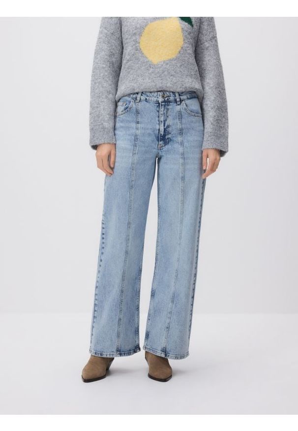 Reserved - Jeansy wide leg z przeszyciem - niebieski. Kolor: niebieski