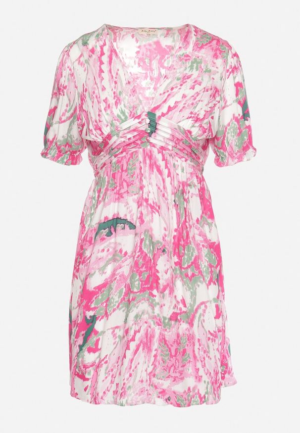 Born2be - Fuksjowa Rozkloszowana Sukienka z Wiskozy z Krótkim Rękawem i Wszytą Gumką w Pasie Zenellanea. Okazja: na co dzień. Kolor: różowy. Materiał: wiskoza. Długość rękawa: krótki rękaw. Styl: elegancki, casual