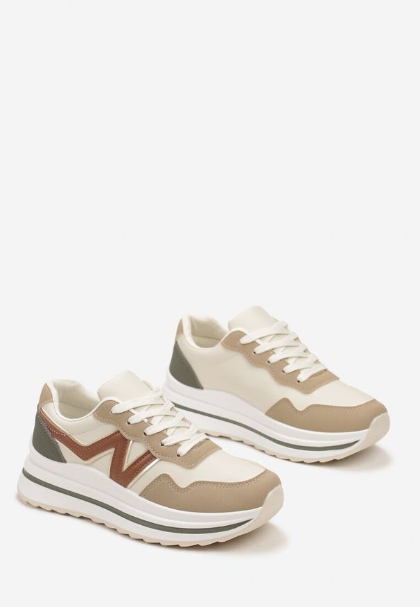Renee - Ciemnobeżowe Sznurowane Sneakersy z Ekoskóry na Grubej Podeszwie Literna. Kolor: beżowy