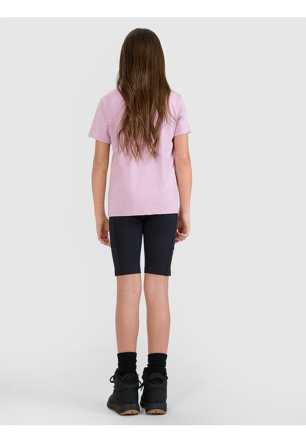 4f - 4F Legginsy kolarki trekkingowe szybkoschnące dziewczęce - czarne 158/164 (12-14 lat). Kolor: czarny. Materiał: materiał, dzianina, syntetyk, włókno, elastan. Długość: krótkie. Wzór: gładki, jednolity, ze splotem. Sezon: lato