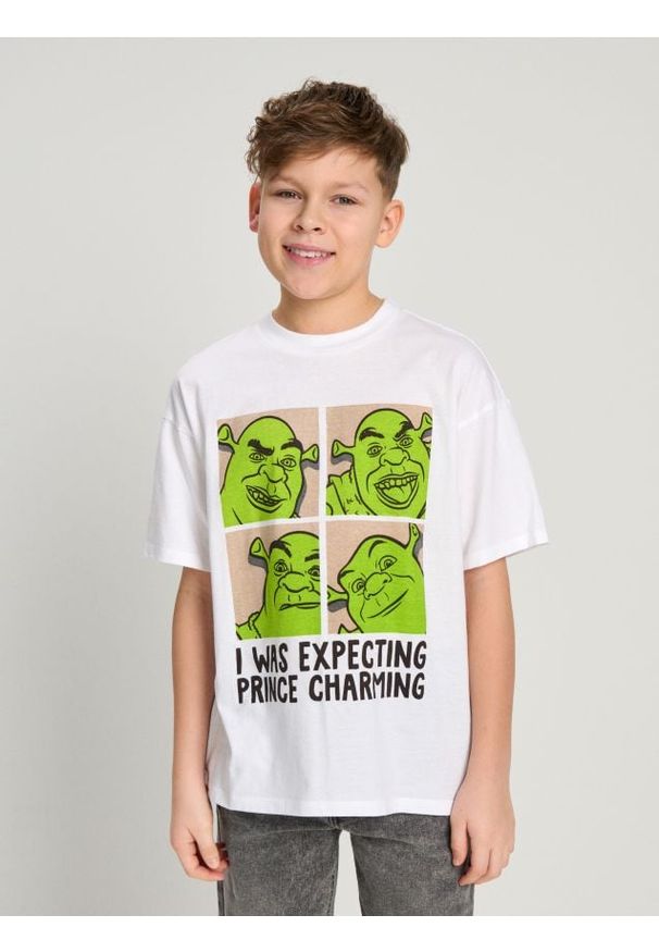 Sinsay - Koszulka Shrek - biały. Kolor: biały. Materiał: bawełna. Długość rękawa: krótki rękaw. Długość: krótkie. Wzór: nadruk