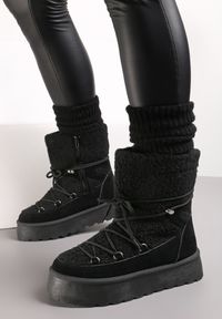 Born2be - Czarne Śniegowce na Platformie z Futerkiem i Sznurowaniem Fumnanya. Kolor: czarny. Materiał: futro. Obcas: na platformie #1