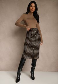 Renee - Czarno-Beżowa Tweedowa Spódnica Ołówkowa w Kratę z Guzikami Aretusa. Okazja: na spotkanie biznesowe. Stan: podwyższony. Kolor: czarny. Styl: biznesowy #1