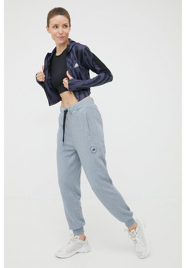 adidas Performance bluza do biegania Run Icon damska kolor granatowy z kapturem wzorzysta. Typ kołnierza: kaptur. Kolor: niebieski. Materiał: skóra, materiał