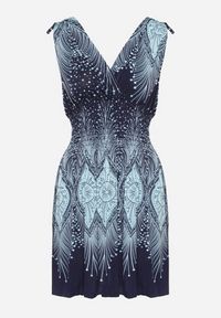 Born2be - Niebieska Sukienka Rozkloszowana ze Ściągaczami przy Ramionach w Abstrakcyjny Wzór Filinea. Okazja: na co dzień, na imprezę. Typ kołnierza: dekolt w kształcie V. Kolor: niebieski. Materiał: jeans. Typ sukienki: rozkloszowane, proste. Styl: klasyczny, casual, elegancki #6