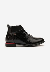 Born2be - Czarne Lakierowane Botki Vices w Stylu Sztybletów z Tłoczeniem Ozvila. Okazja: na co dzień. Zapięcie: zamek. Kolor: czarny. Materiał: lakier. Styl: casual, elegancki #7
