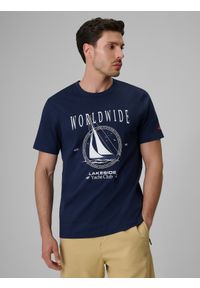 4f - 4F T-shirt regular z nadrukiem męski - granatowy S. Okazja: na co dzień. Kolor: niebieski. Materiał: materiał, bawełna, jeans, dresówka, dzianina. Wzór: nadruk. Styl: klasyczny, casual #1