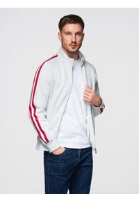 Ombre Clothing - Męska bluza dresowa z wysokim kołnierzem i lampasami – szary melanż V1 - Rozmiar: S. Kolor: szary. Materiał: dresówka. Długość rękawa: raglanowy rękaw. Wzór: melanż. Styl: sportowy, retro #1