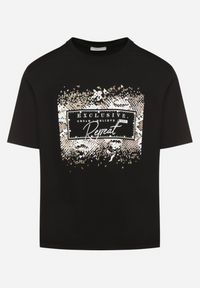 Born2be - Czarny Bawełniany T-shirt Ozdobiony Nadrukiem Nartzedi. Okazja: na co dzień. Kolor: czarny. Materiał: bawełna. Wzór: aplikacja, nadruk. Styl: casual
