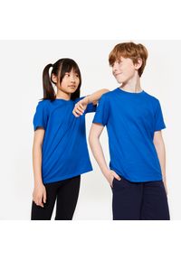 DOMYOS - Koszulka z krótkim rękawem dziecięca Domyos. Kolor: niebieski. Materiał: tkanina, bawełna, prążkowany, materiał. Długość rękawa: krótki rękaw. Długość: krótkie