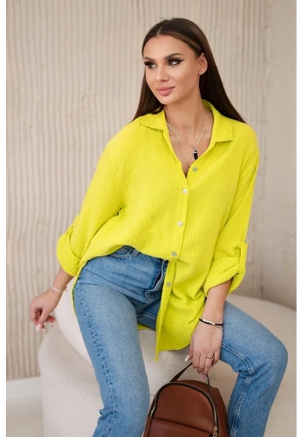 Kesi Włoski - Koszula bawełniana muślinowa oversize kiwi. Okazja: na co dzień. Materiał: bawełna. Styl: klasyczny, elegancki, casual