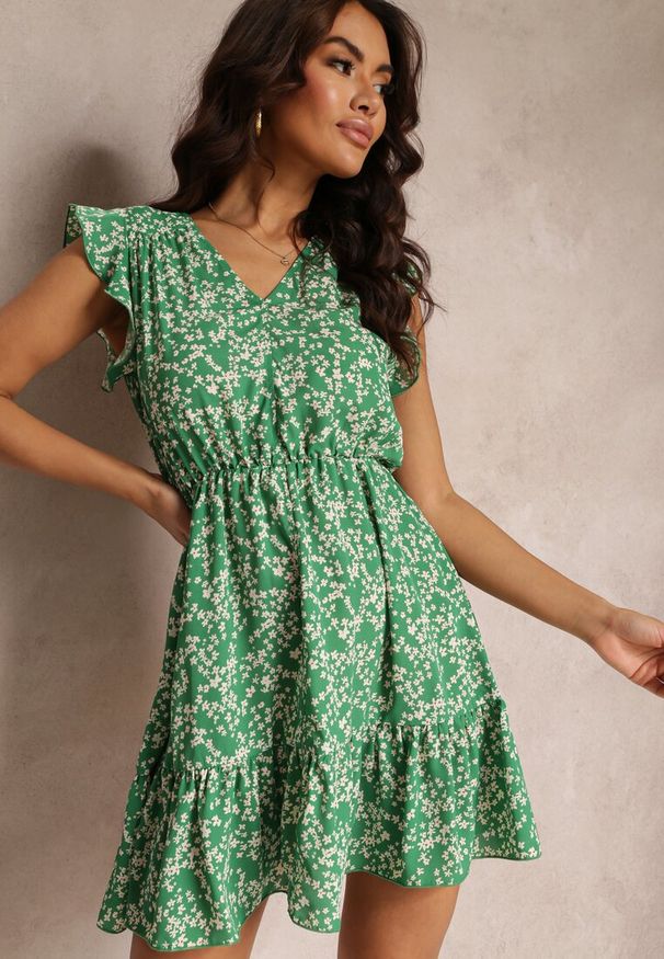 Renee - Zielona Sukienka Sagisa. Kolor: zielony. Materiał: tkanina. Wzór: nadruk. Styl: klasyczny. Długość: mini