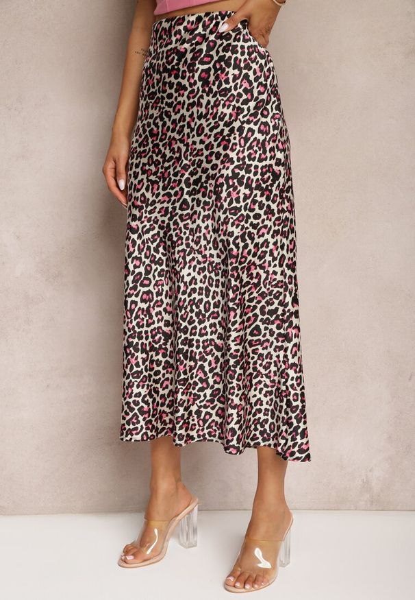Renee - Fuksjowo-Czarna Spódnica High Waist ze Zwierzęcym Printem i Gumką w Talii Dimella. Stan: podwyższony. Kolor: różowy. Materiał: wiskoza, jedwab. Wzór: nadruk, motyw zwierzęcy. Styl: wizytowy, klasyczny, elegancki