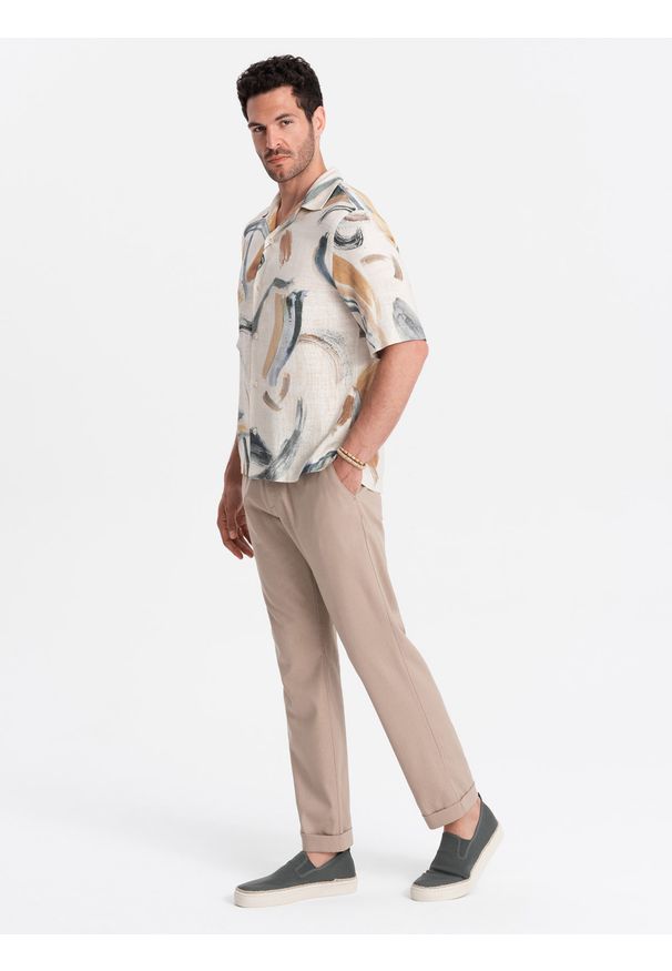 Ombre Clothing - Męskie podwijane spodnie chino z dodatkiem lnu – jasnobrązowe V3 - Rozmiar: XL. Okazja: na co dzień. Kolor: brązowy. Materiał: len. Sezon: lato. Styl: casual