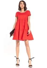 Tessita - Bawełniana Mini Sukienka z Owalnym Dekoltem - Czerwona. Kolor: czerwony. Materiał: bawełna. Długość: mini