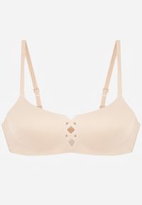 Born2be - Beżowy Gładki Biustonosz z Ozdobną Imitacją Sznurowania Azivene. Kolor: beżowy. Materiał: materiał. Wzór: gładki #1